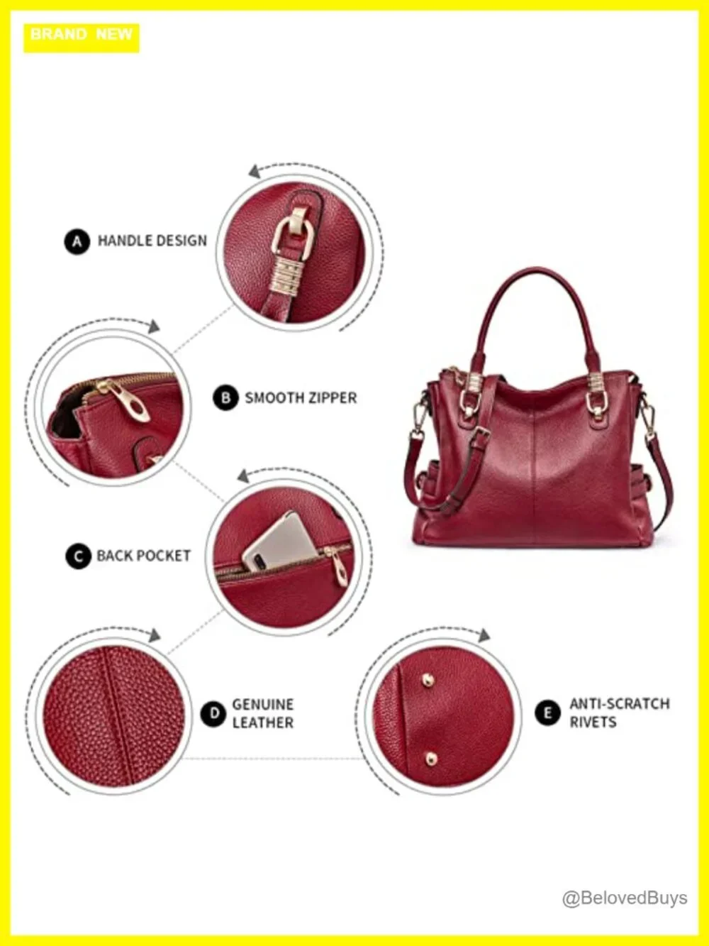 Vintage Style Satchel Tote Shoulder Bag with Top Grain Pebbled Cowhide Leather